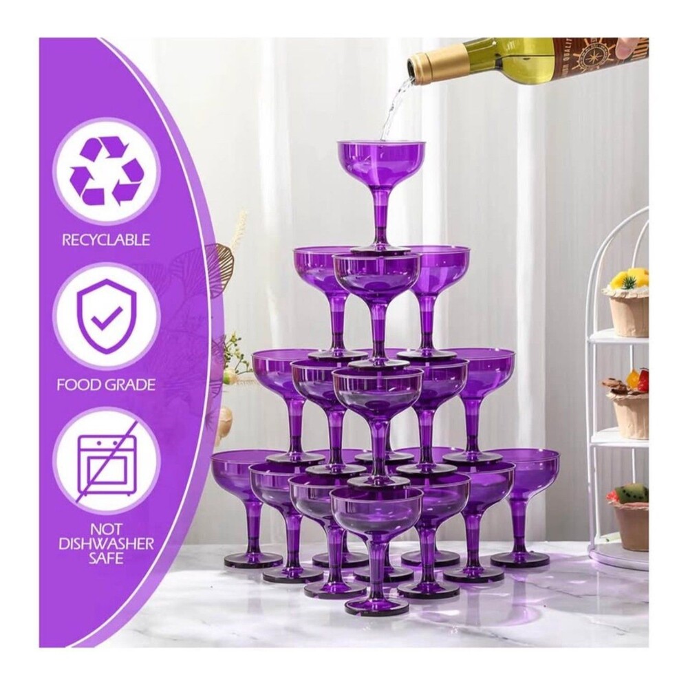 25 Pk Purple Champagne Tower Glasses 5 oz Unbreakable Plastic Martini Glass